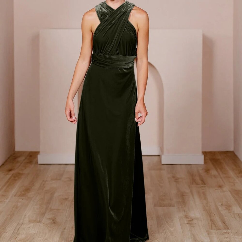 Revelry Micah Convertible Velvet Dress S Olive Green Maxi Bridesmaid Cocktail